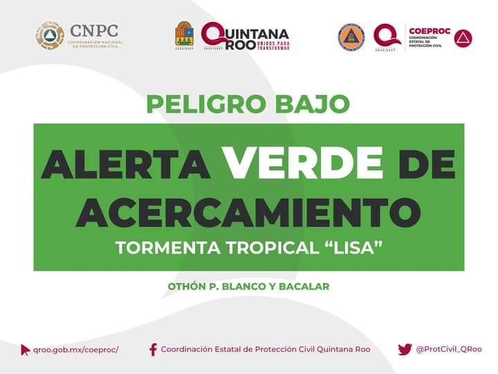 Declaran 'Alerta Verde' para Bacalar y Othón P. Blanco por tormenta tropical "Lisa"