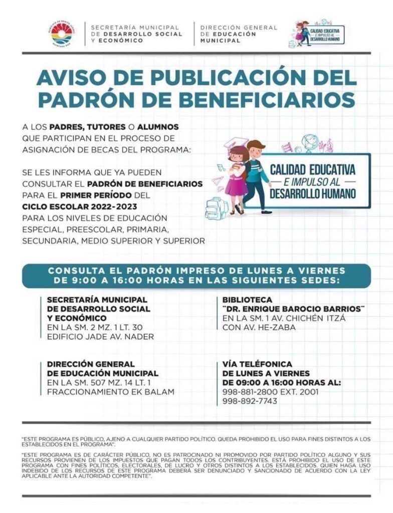 Invitan en BJ a consultar padrón de becas municipales