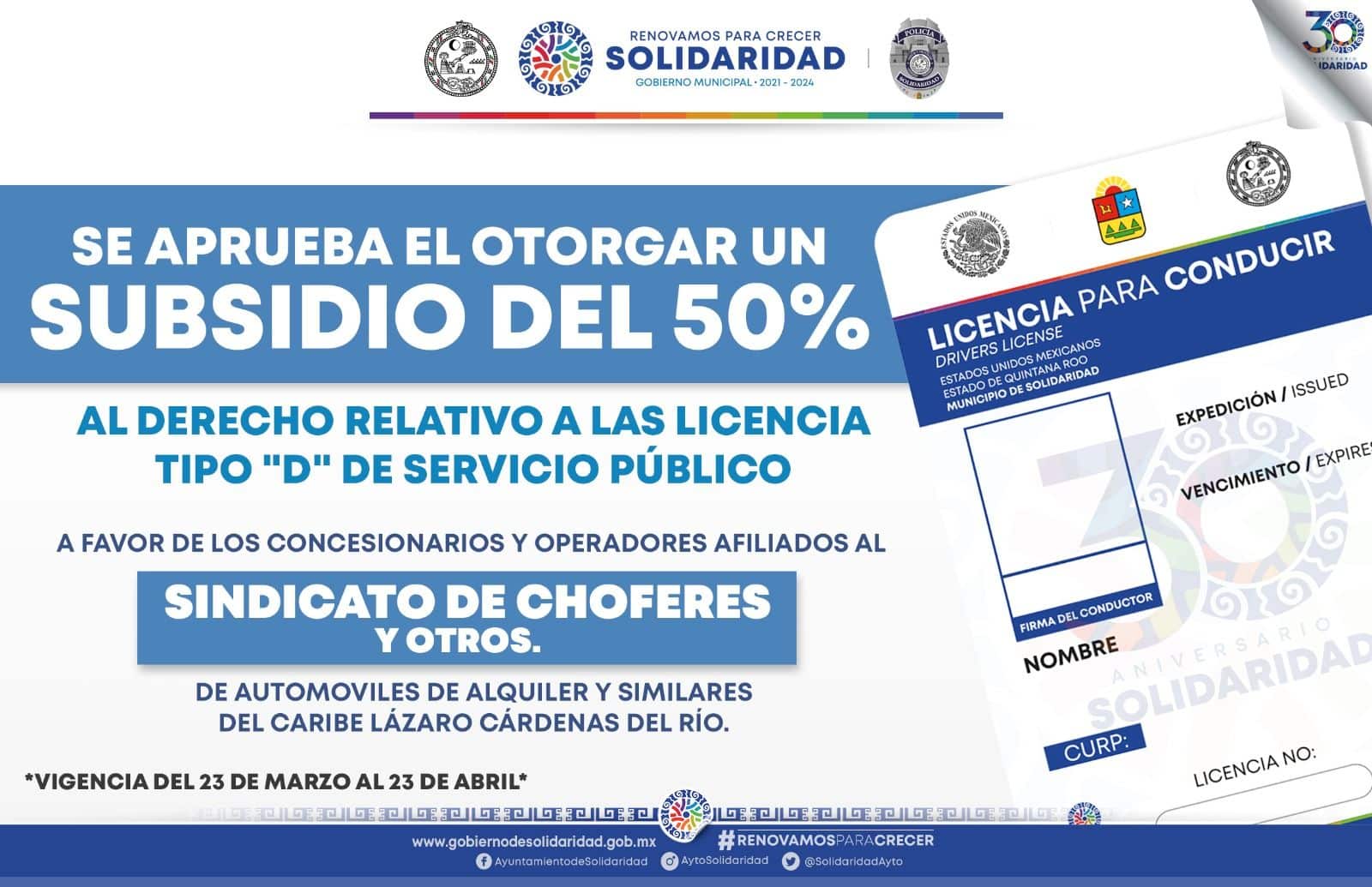 Brinda Municipio de Solidaridad descuento en licencia del servicio público