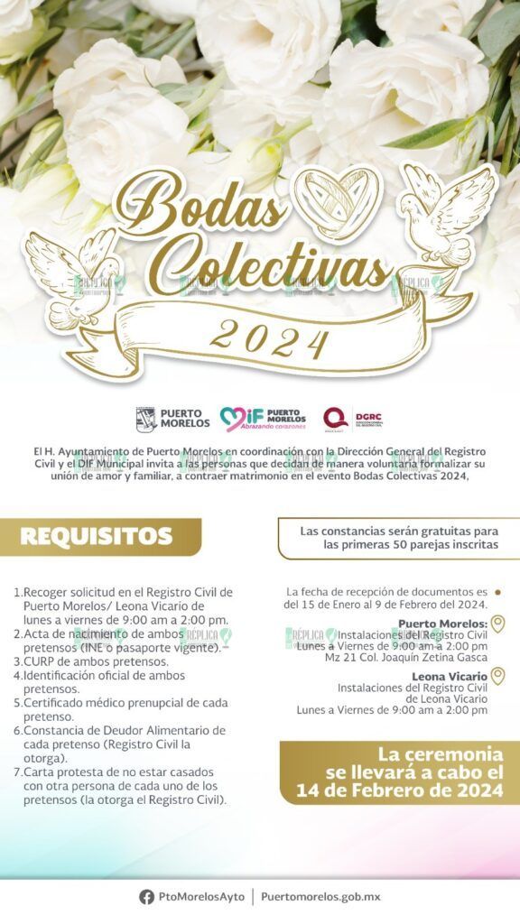 Invitan en Puerto Morelos a participar en las bodas colectivas 2024