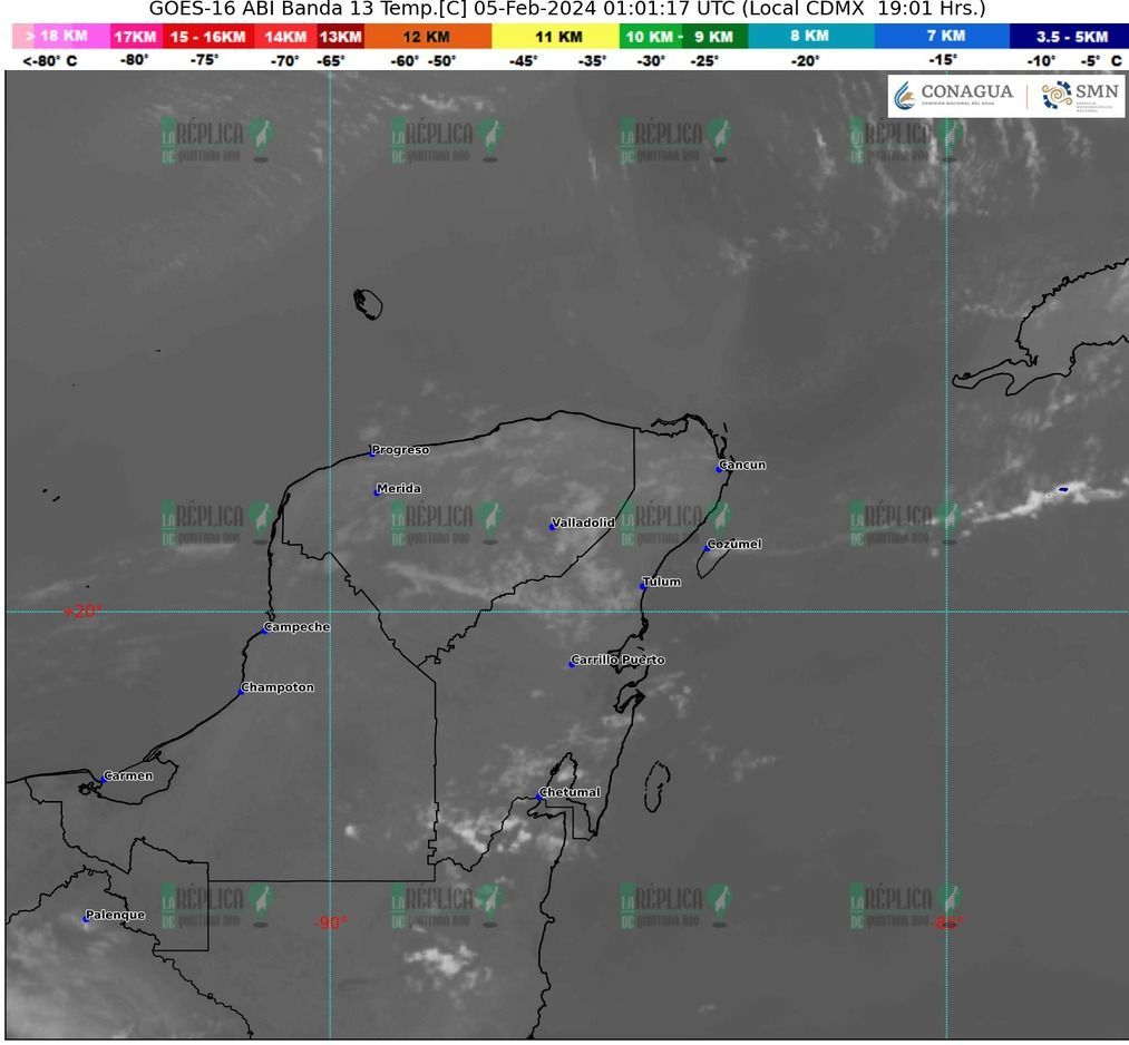 Para la Península de Yucatán habrá cielo medio nublado con probabilidad lluvias aisladas en Campeche, Yucatán y Quintana Roo; el ambiente será templado p