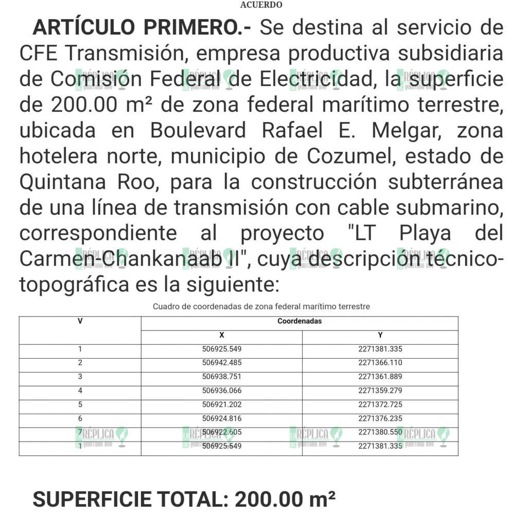 Otorgan a CFE superficie en Cozumel para línea de transmisión submarina