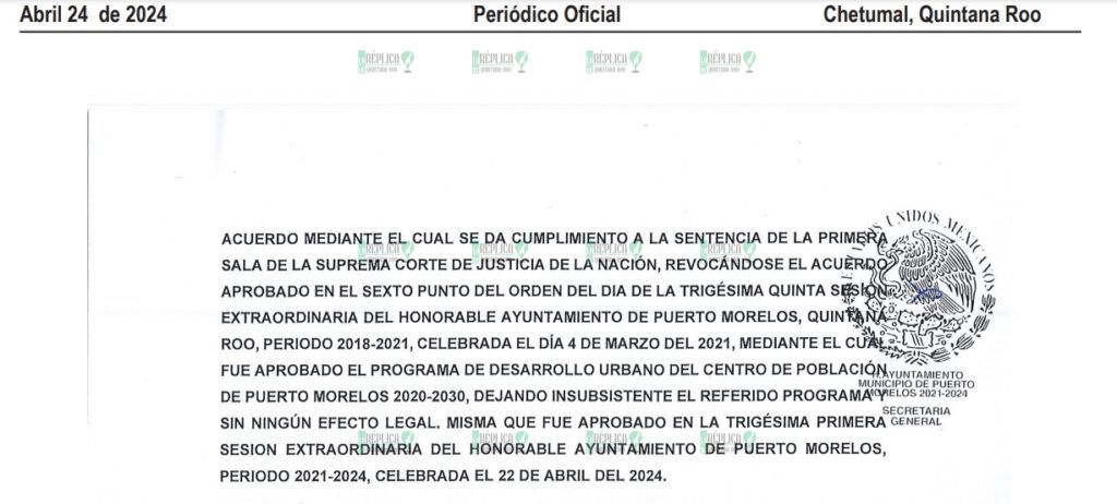 Publica Periódico Oficial abrogación del PDU de Puerto Morelos, aprobado en la administración de Laura Fernández