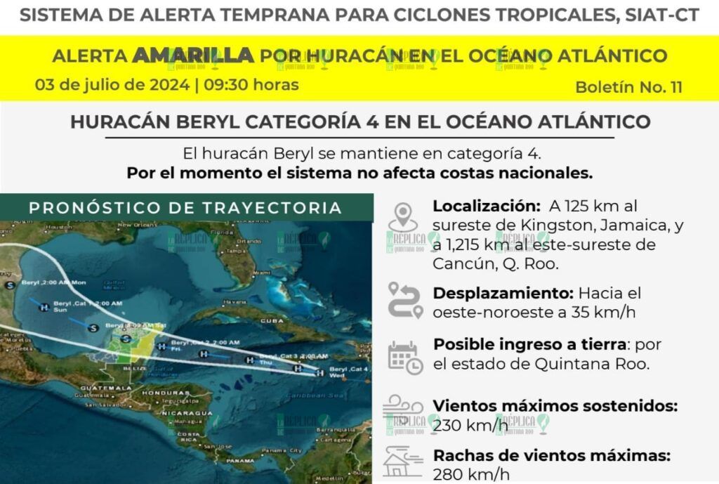 Entra Quintana Roo en ‘alerta amarilla’ por cercanía del huracán ‘Beryl’