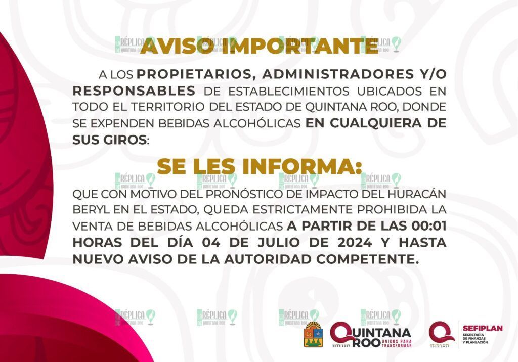 A partir de este jueves queda prohibida la venta de bebidas alcohólicas en todo Quintana Roo: SEFIPLAN