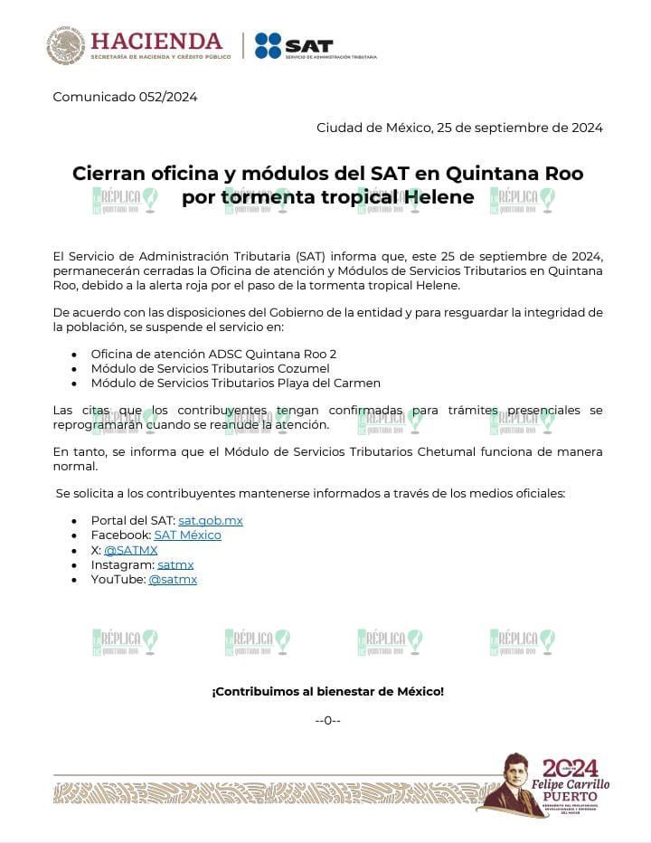 Cierran oficina y módulos del SAT en la zona norte por huracán ‘Helene’