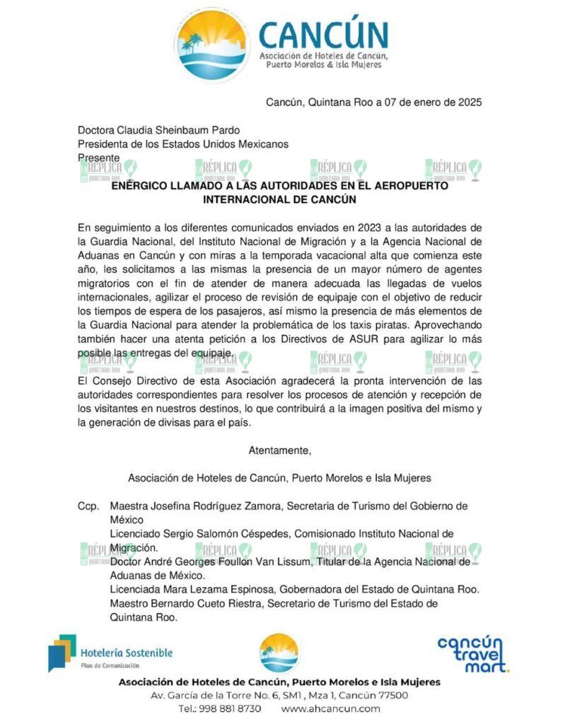 Solicitan hoteleros de Cancún intervención de Claudia Sheinbaum, para agilizar ingreso de turistas en aeropuerto