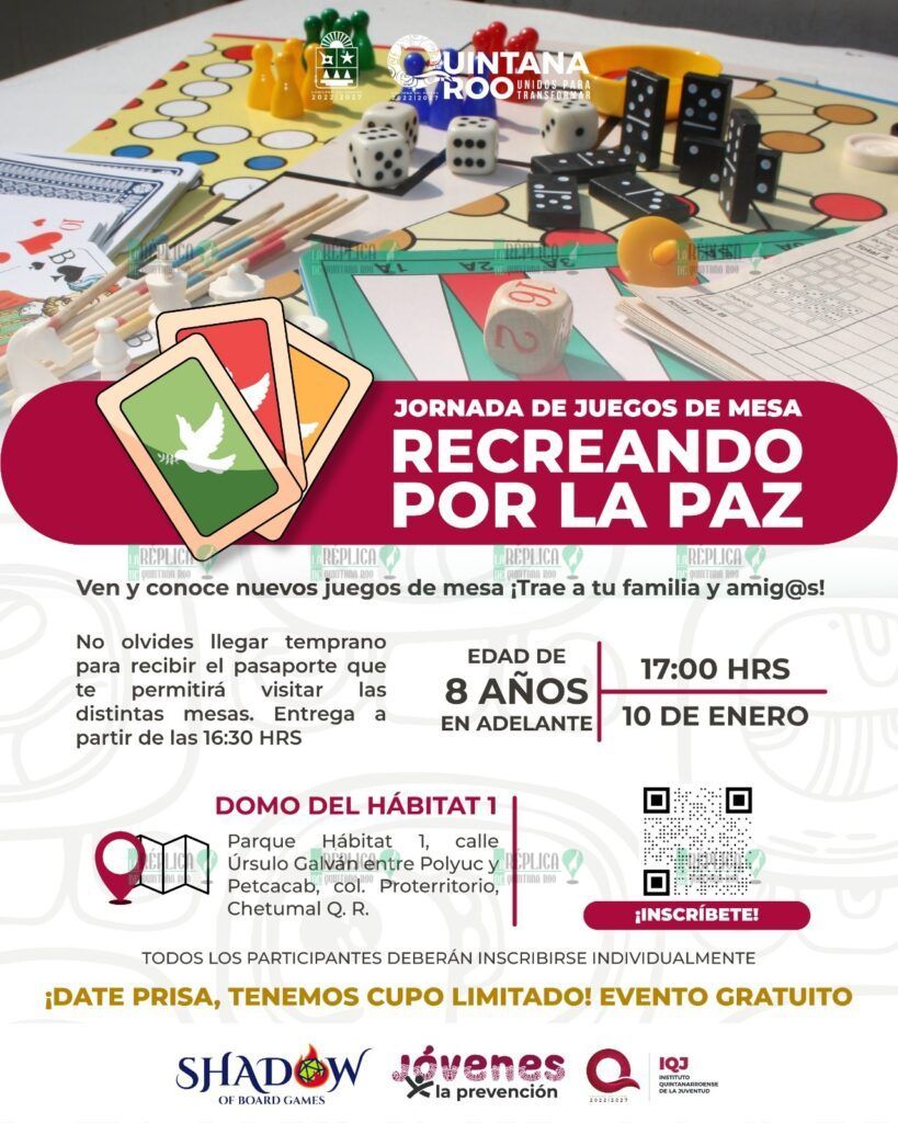 Invita IQJ a participar en la Jornada de Juegos de Mesa "Recreando por la Paz" en Chetumal