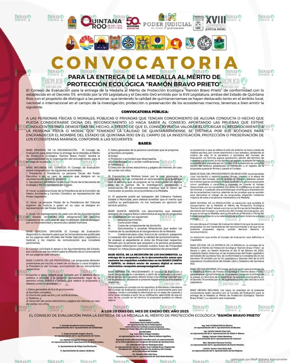 Convoca Gobierno del Estado a la entrega de la Medalla al Mérito de Protección Ecológica “Ramón Bravo Prieto”